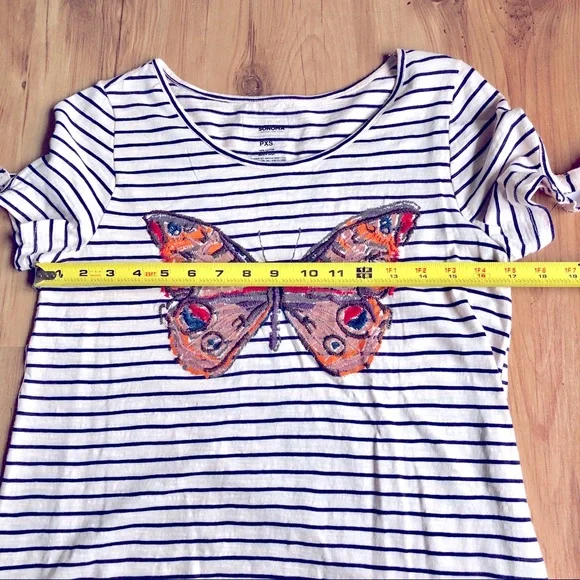 NEW SONOMA Butterfly Embroidery Tee Shirt Striped Petite XS Off White Women’s - Picture 9 of 16